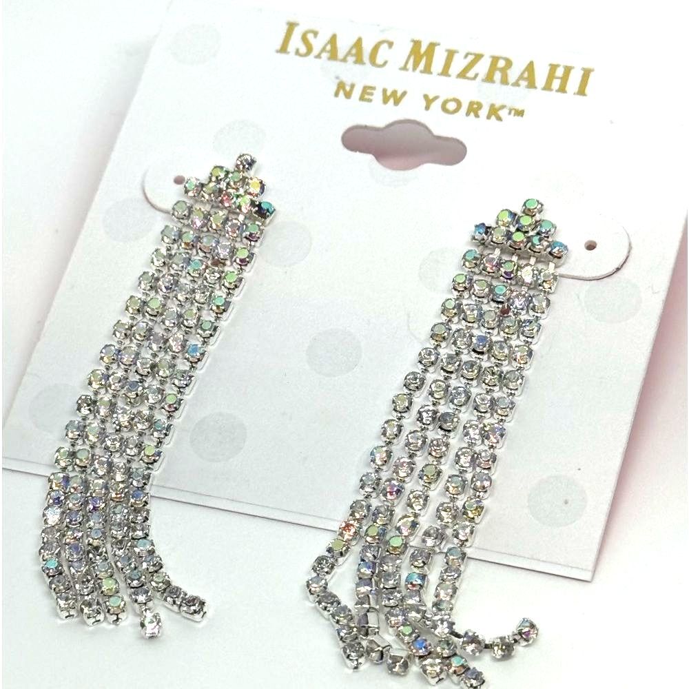 ISAAC MIZRAHI Silver Tone AB Crystal Dangle Fringe Post Earrings NWT 2.5"